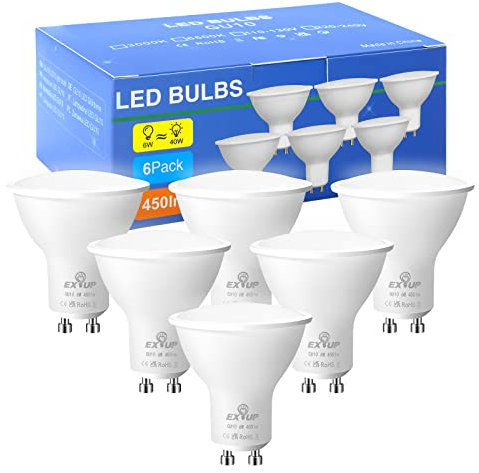 EX UP 6 Lampadine Led Gu10 Spotlight 6500k Luce Bianca Fredda, 6w Risparmio Energetico Faretto, 450lm Equivalenti Alogene 40w, Nessun Sfarfallio,Non Dimmerabile