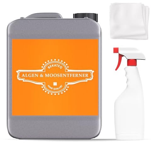 Algenreiniger 10L Set mit Sprühflasche und Vliestuch - Moosreiniger & Algenentferner für Pool, Whirlpool, Fliesen, Stein, Dach, Klinker, Fassade - Reiniger chlorfrei & säurefrei - BEKATEQ BE-509