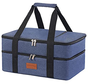 Lunch Bag Insulated Thermal Food Carrier Insulated Double Decker Casserole Carrier for Hot or Cold Food,Insulated Tote Bag for Potluck Cookouts Picnic,Lasagna Holder,Fits 9x13 Baking Pan,Navy Blue
