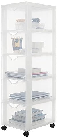 Iris Ohyama Kunststoff-Schubladenbox mit Rollen, 5 tiefen Schubladen, Mattweiß, Griffe zum Ziehen, Für Schlafzimmer, Schule & Büro, BPA-frei, Schubladenschrank, Rollcontainer, A4 Drawer, DDDC-305