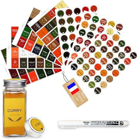 Étiquettes Épices Français en Couleurs – 200 Stickers Autocollants pour Bocaux – Rondes & Rectangulaires – Marqueur Blanc Inclus – Cuisine Organisée