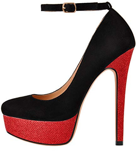 Only maker Damen Glitter Plateaupumps High Heels mit Schnalle Pfennigabsatz Wildleder Zweifarbig Schwarz Rot 40 EU
