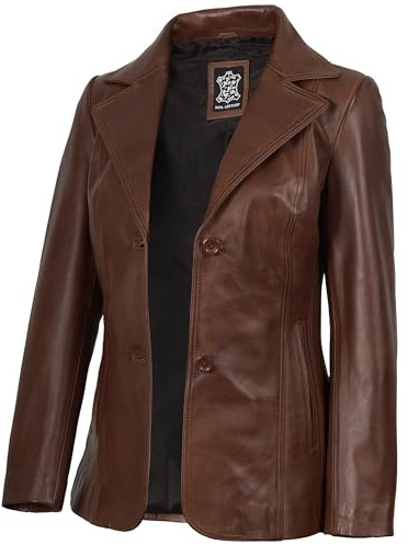 Blingsoul Disc 2 Button Women's Leather Blazer | [1315052] Surrey Cognac, S