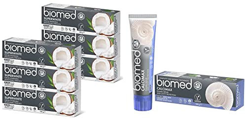 Biomed Superwhite Natural Coconut Toothpaste for Gentle Whitening, Tropical Flavour - 100 g (Pack of 6) & Calcimax Natural Toothpasteh, Mint - 100 g (Pack of 1)