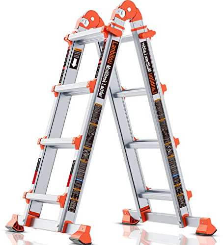 LANBITOU Stege, en ram, 4-stegs stegförlängning, 35 m, halkfri multiposition och förvaring, hopfällbar stege, 150 kg säkerhetsbelastning, teleskopande aluminiumstegar för trappor, hem, inomhus