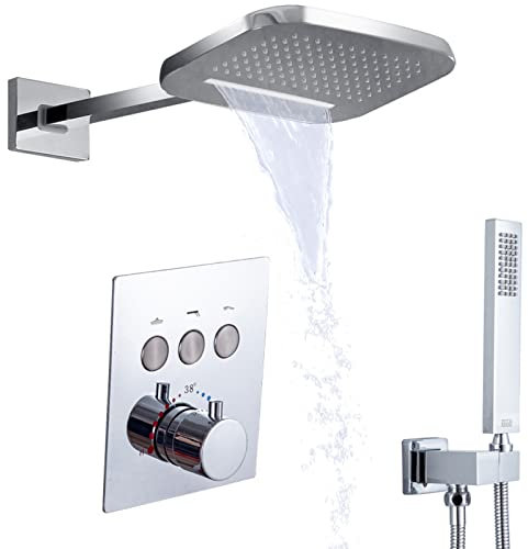 XJTNLB Miscelatore Doccia Incasso Termostatico, Set Doccia con Soffione Doccia a Pioggia per Bagno Cromo