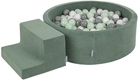KiddyMoon Spielplatz Velvet Aus Schaumstoff Mit Rund Bällebad (200 Bälle) + Stüfchen Ballgruben Für Babys Spielbad, Hergestellt In EU, Waldgrün: Weiß/Grau/Minze