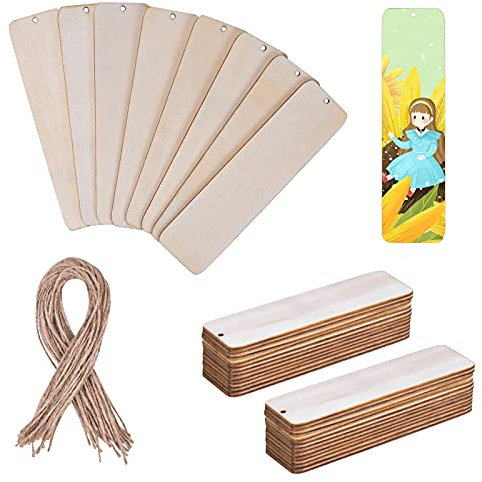 Blanko Lesezeichen aus Holz, 36 Stück DIY Holz Handwerk Lesezeichen, Rechteckige Leeres Lesezeichen Ornamente mit Löchern und Seilen für Bücher Weihnachten Hochzeit Geburtstag Party Dekoration