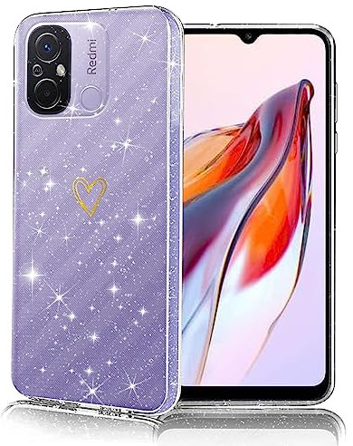 Coqinen Klar für Xiaomi Redmi 12C Hülle, Herz Muster Silikon Handyhülle mit Glitzer, Dünne Kratzfeste Stoßfest Schutzhülle für Frauen und Mädchen, Transparent