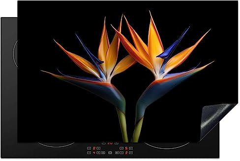 KitchenYeah© Herdabdeckplatte Einteilig Induktionsmatte Küche Abdeckung Ceranfeld Herd Abdeckplatte Deko Vinyl Matte Aufrollbar Pflanzen - Blau - Blumen - Paradiesvogelblume - Schwarz - 80x52 cm