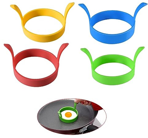 Lot de 4 moules à œufs au plat, ronds, antiadhésifs, avec poignées, en silicone, moule à crêpes, œufs au plat, moules à œufs au plat pour œufs, tartes à hamburger, desserts