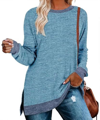 Cuptacc T-Shirt Pullover Col Rond à Manches Longues pour Femmes Ample Mode Chemisier Décontracté Tunique Tops Hiver Blouses Coton Pulls Bleu XXL