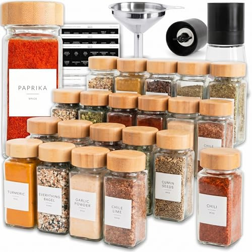 SAVVY & SORTED Glass Spice Jars with Label, 24PK Bamboo Jar Spices Set 4oz, 374 Spice Labels, Pepper Grinder, Empty Herb Seasoning Containers, Funnel and Shaker Lids