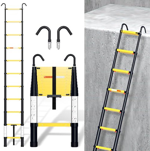 Jopassy 3,6 M Teleskopleiter, Rutschfester Aluminium Stehleiter mit langsamer Schrumpfungsfunktion und 2 Abnehmbarem Haken, 150 kg/330 Pfund Belastbarkeit Leiter Mit einem klick schrumpfbar