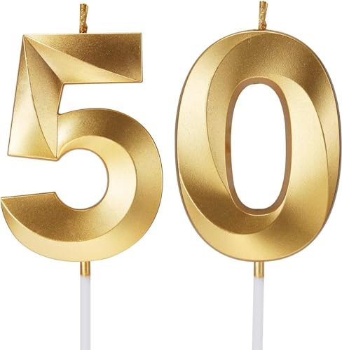 Birthday Candles Number Candles Age Year for Cakes Happy Birthday 3D Designed Wedding Anniversary Party Cake Topper Decorations (Gold, 50)