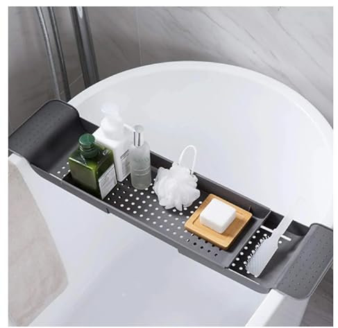 Sidsons Extendable Bath Tub Tray Rack Plastic Adjustable Bath Tub Caddy - Phone Soap Shampoo Storage Organiser Expandable Bathroom Shelf Holder Rectangle Shaped Tray Slate Grey