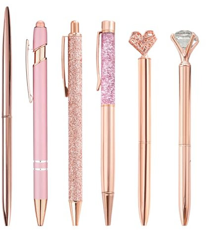 OAAO 6 Pieces Rhinestone Ballpoint Pens, Rose Gold Pink Ballpoint Pens, Metal Ballpoint Pen Set, Office School Stationery Supplies, Suitable Gifts for Girls Women