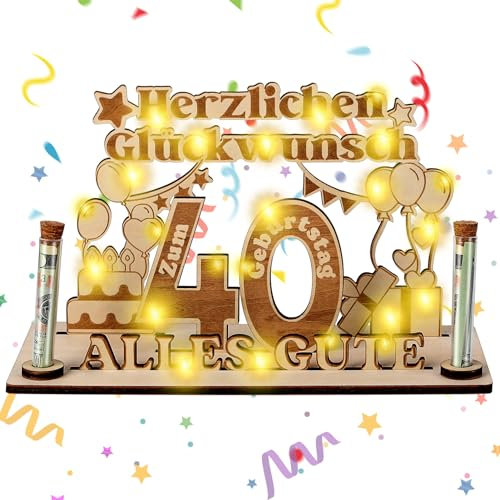 Jostift 40 Geburtstag Frauen Geschenk, Geldgeschenke Zum 40, 40 Geburtstag Geldgeschenk Holz, mit Lichterketten, Geburtstag 40 Frau, Geschenk 40 Geburtstag Mann, für Jubiläums und Geburtstagsgeschenke