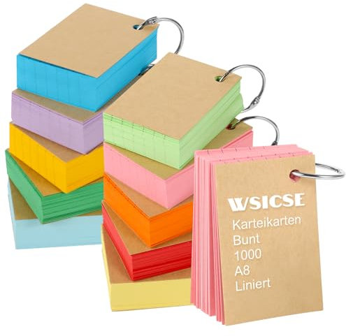 1000 Blätter Karteikarten A8, 150g/m² Karteikarten Liniert Vokabelkarten Blanko Moderationskarten Bunt mit 10 Binderinge 20 Kraftpapierhüllen für Schule Büro Erinnerung Präsentation (10 Farben)