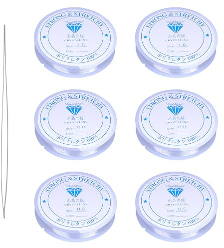 6 Rolls Elastic Cord for Bracelets & Necklaces - 0.5mm, 0.8mm, 1.0mm Elastic Bead String, Clear, With Bead Needle