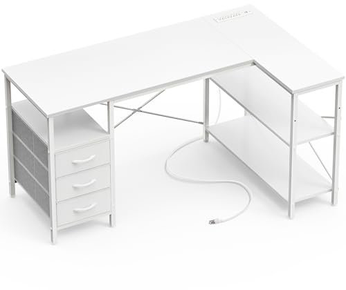 Huuger L-Shaped Office Desk with Power Outlets, 3 Drawers, 47 Inch, White Gaming & Corner Desk for Home Office, Study