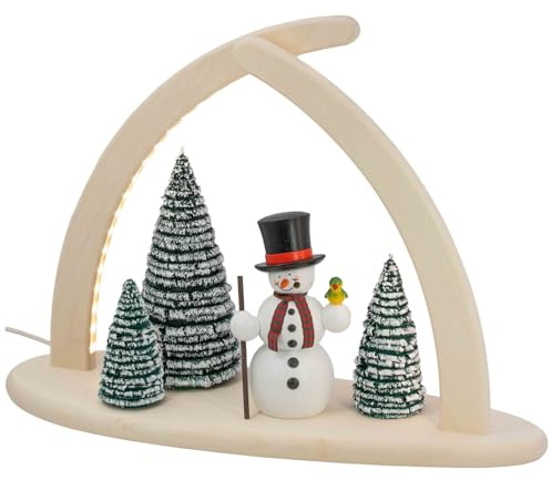 Seiffener Volkskunst | LED Spitzbogen Weihnachtsbogen Weihnachtsdeko | Schwibbogen Lichterbogen Fensterbeleuchtung aus dem Erzgebirge | 43x33 cm | Schneemann mit Vogel