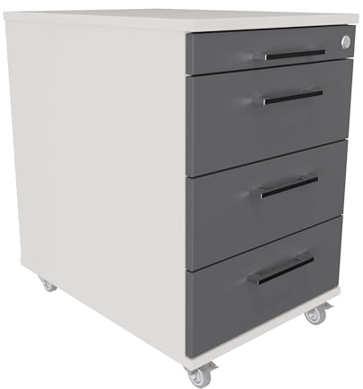 Eigentlich Rollcontainer 60 cm tief, 3 Schubladen und Materialauszug, Rollwagen B43xT60xH65 cm abschließbar, Schreibtischunterschrank versch. Farben (Korpus Lichtgrau, Front Anthrazit)