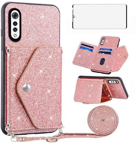 Asuwish Coque pour LG Velvet 5G/4G Portefeuille avec Verre Trempé et Cordon Porte Carte Chaine PU Paillette Cuir Vitre Protection Étui Housse Support LMG910EMW LM-G910EMW Téléphone Case Femme Rosegold