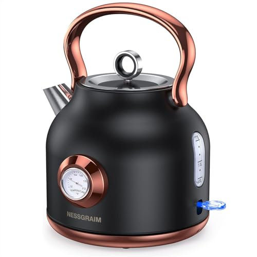 Retro Electric Kettle, 1.7L Stainless Steel Tea Kettle with Large Temperature Gauge, 1500W Fast Heating Hot Water Boiler with LED Indicator, Auto Shut-off & Boil-Dry Protection-Retro (Black)