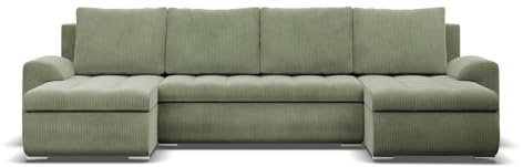 Mebligo - Ecksofa mit Schlaffunktion und 3 Bettkasten FORESTA 302x89x159 (BxHxT) Cord - Grün - Couch U Form, Sofa im Sitz: Wellenfeder + Schaumstoff, Sofas & Couches, Eckcouch