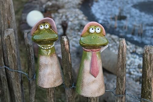 Holzwurm Dekorative Zaunhocker Frösche aus Keramik, 21,5 cm, Gartendeko Froschpaar mit Hut, Grün-Rosa