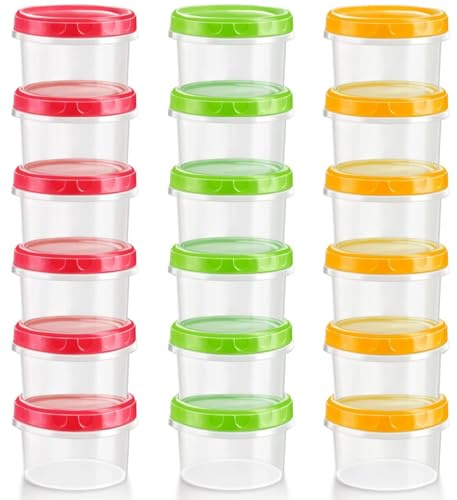 KAHEIGN 18 Piezas Contenedores de Alimentos Pequeños, 4oz /120ml Tazones de Plástico Reutilizables Apilables Delicatessen con Tapas a Fugas Prueba, Aptos para Lavavajillas, Microondas y Congelador
