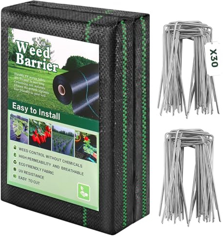 Membrane anti-mauvaises herbes 4 x 10 m – Avec 30 piquets de jardin – Tissu de barrière anti-mauvaises herbes robuste pour paysage, jardin, tissu perméable à l'eau