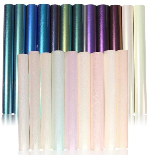 Blueshyhall Plotterfolie Textil Set mit 9 Farbwechsel UV Glitzer Folie und 12 Chamäleon Metallic Textilfolie, 30 x 25 cm Heat Transfer Vinyl HTV Aufbügelfolie Textil Flexfolie Bunt für DIY Stoff