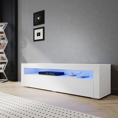 SIRHONA Meuble TV Blanc, Meuble Tele avec LED, Éclairage LED RGB avec Couleur réglable, 2 Placards avec Portes, 160x40x45cm, Convient pour Salon ou Chambre