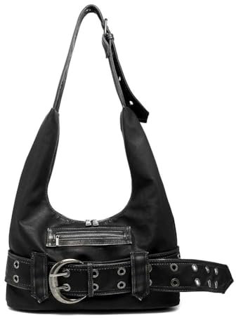 Fiorky PU Ledergürtelschnalle Handtasche Vintage Travel Umhängetasche Y2K -Tasche (schwarz)