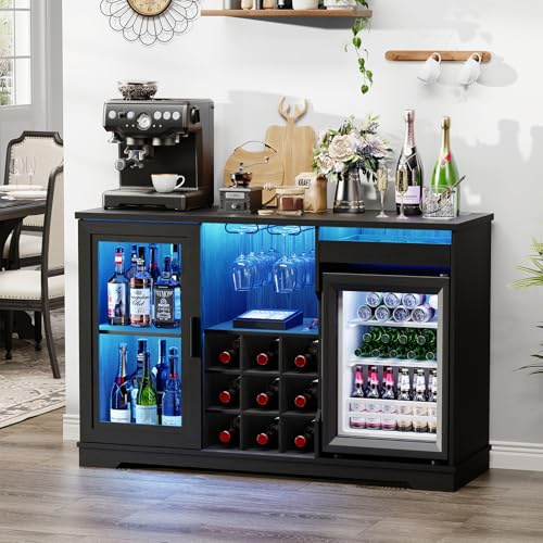 BROTTAR Coffee Bar Cabinet with Fridge (Fridge Included), Large Liquor Bar Cabinet with LED Lights, Glass Holder & Wine Rack, Wine Cabinet with Human Body Sensor, Buffet Sideboard for Home, Black