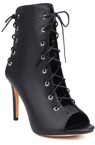 Femmes Cuir PU Bottines Peep Toe Slingback Bottes D'Été Talon Aiguille Haut Sandales De Soirée Fête De Bal,Noir,36 EU