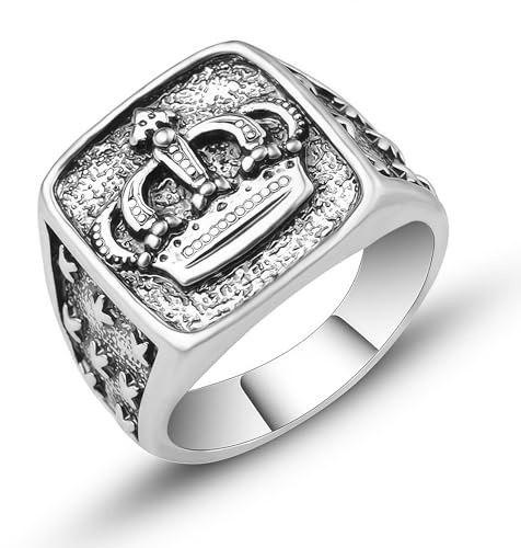 Herren Siegelring Krone – silberfarben, Punk & Retro, gravierte Relief-Details, rechteckige Platte, Vintage-Look, Biker/Rock/Gothic Statement, maskuliner Herrenschmuck, Geschenk für ihn