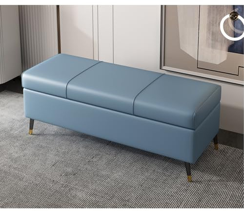 Ottomane aus Kunstleder, extra lang, rechteckig, für Wohnzimmer und Eingangsbereich, stilvolles PU-Leder-Kissen mit verstecktem Stauraum, vielseitige, blaue Fußstütze und Bettbank (140 cm)