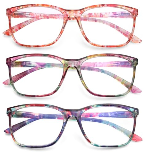 VisiWell 3 Pack Ladies Reading Glasses Blue Light Blocking Spring Hinge Fashion Pattern Print Eyeglasses for Women (Mix Color, 2.0, Dioptres)