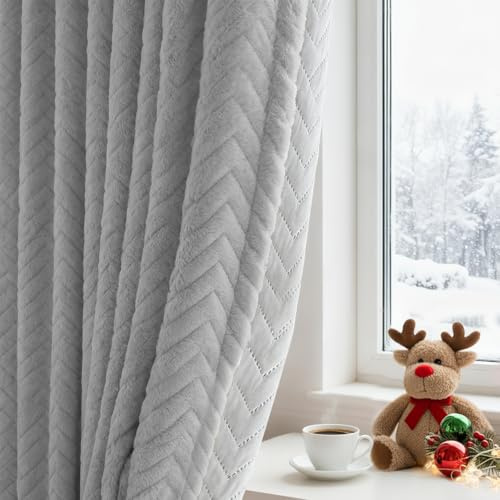 Plüsch Wärmeschutzvorhang 2er Set, H245xB140cm Dicker Flanell Thermovorhang | Kälteschutz Verdunklungsvorhänge Gegen Kälte 350g/m², Kräuselband Stangendurchzug für Wohnzimmer Schlafzimmer(Grau)