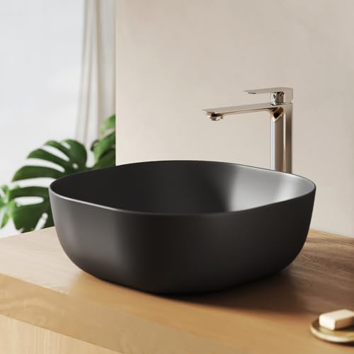 EMKE Aufsatzwaschbecken Oval, 41 x 41 x 14 cm, Schwarz Matt | Hochwertige Keramik,45mm Ablaufloch, kratzfest, ohne Ablaufgarnitur, pflegeleicht, für Gäste-WC & kleines Bad