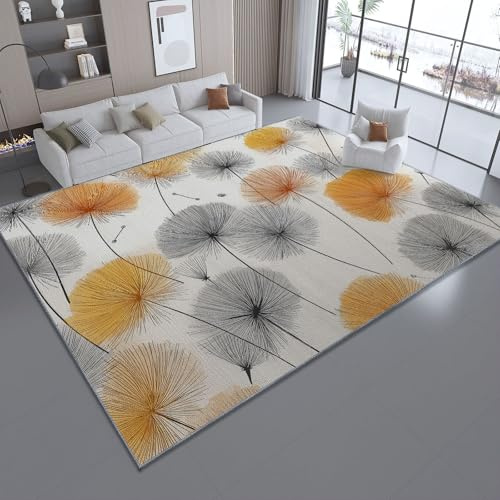 Teppich Wohnzimmer 120 x 180 cm Kurzflor Teppich Schlafzimmer Waschbar Natur Löwenzahn Druck Wohnzimmerteppich rutschfest für Wohnzimmer Schlafzimmer Esszimmer Senfgelb Grau