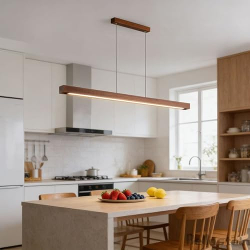 Holz Pendelleuchte LED Esszimmer Dimmbar Esstischlampe Hängelampe Linear Design Hängeleuchte Dimmbare LED Pendellampe mit Fernbedienung, Höhenverstellbare für Büro Küche Esszimmer (Pfirsichholz, 80)