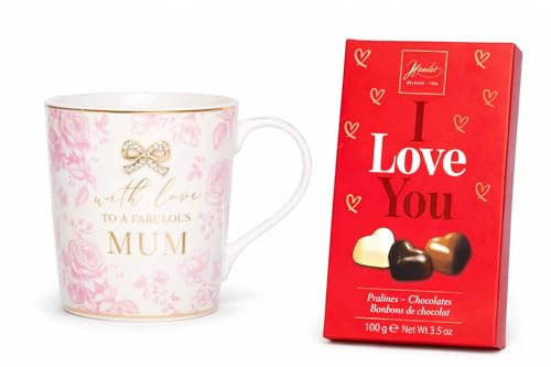 HTUK Taza con diseño de corazones para mamá de 350 ml y set de regalo con texto en inglés I Love You Pralines, taza de café y té de porcelana fina + 100 g de bombones de chocolate en forma de
