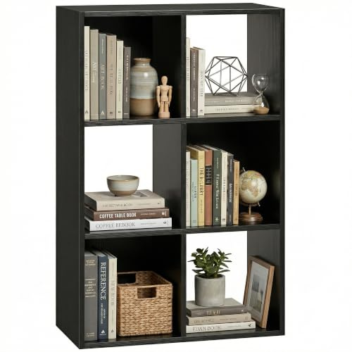 HOMCOM Industrial Style Storage Shelf with 6 Compartments Black Wood Effect | Bookcase, Bookshelf, Freestanding Shelving Unit, Living Room, Home Study