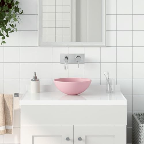 Lavabo de salle de bain rond céramique rose mat, vasque à poser sur comptoir sans trop-plein, trou de drainage 4,5 cm, design contemporain facile à nettoyer pour salle de bain,