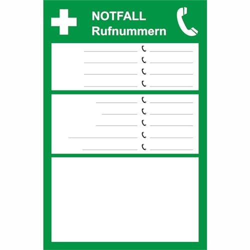 Indigos UG Aufkleber Aushang Notfall Rufnummern, Größe 20x30 cm - selbstklebender Sicherheits Aufkleber für Tür oder Wand - Warnschild für Gebäude, Hotel, Büro, Firma, Haus, Praxis