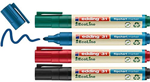 edding 31 EcoLine Flipchartmarker Set - bunte Farben - 4 Stifte - Rundspitze 1,5-3 mm - Stift zum Schreiben und Markieren auf Flipcharts-Tinte schlägt nicht durch Papier-trocknet nicht aus-nachfüllbar